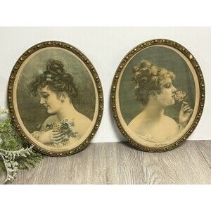 Set Of 2 Virjilio Tojetti Art Nouveau Portraits Victorian Ladies Oval Framed